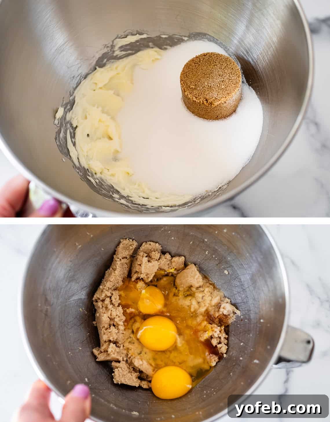The Biscotti That Will Change Your Mind 10 Two-part image showing the progression of dough: top, butter and sugars in a mixing bowl; bottom, three eggs incorporated into the creamed mixture.