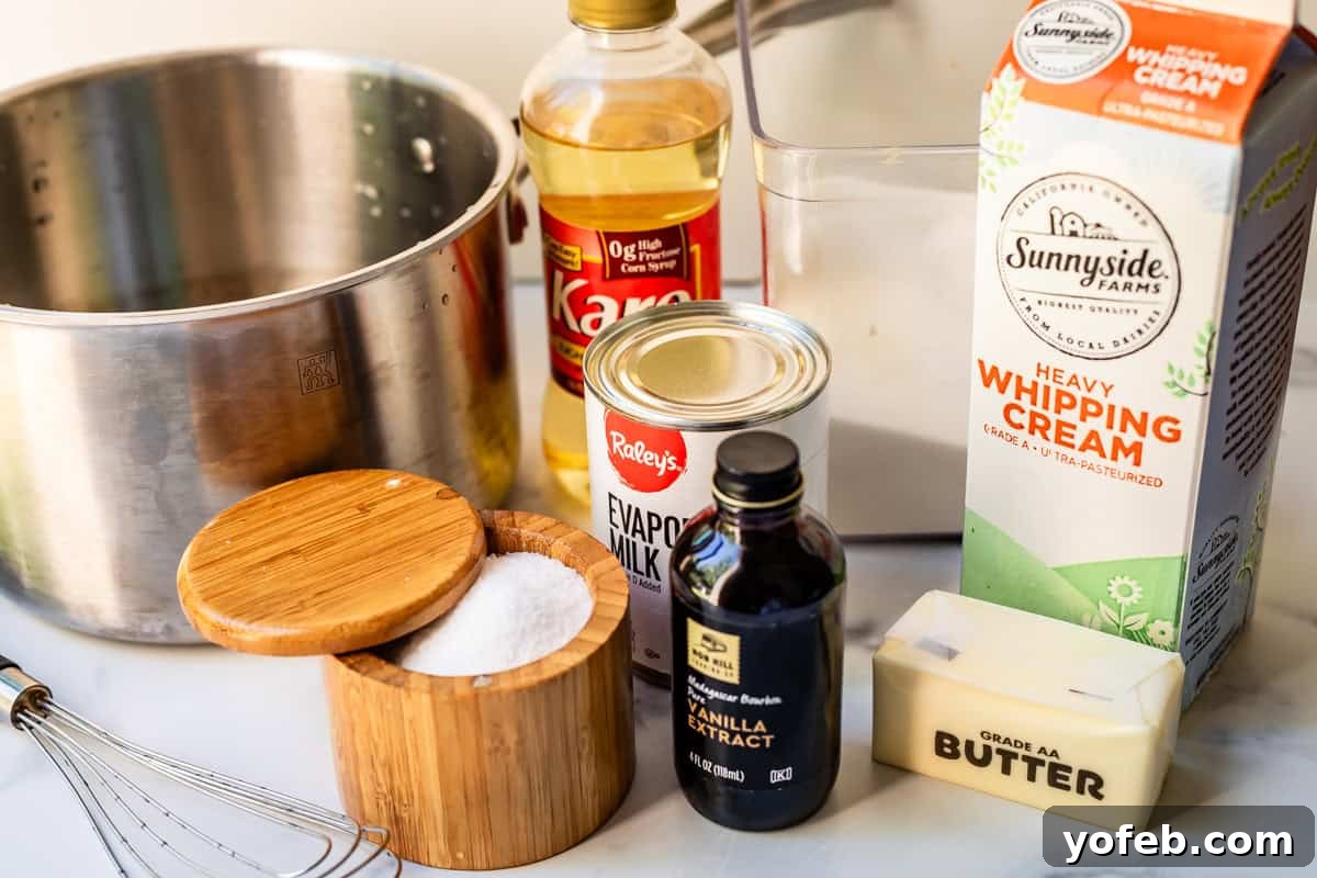 Dreamy Salted Caramel Sauce 12 A selection of essential ingredients for making salted caramel, including salt, vanilla extract, heavy whipping cream, butter, corn syrup, and evaporated milk.