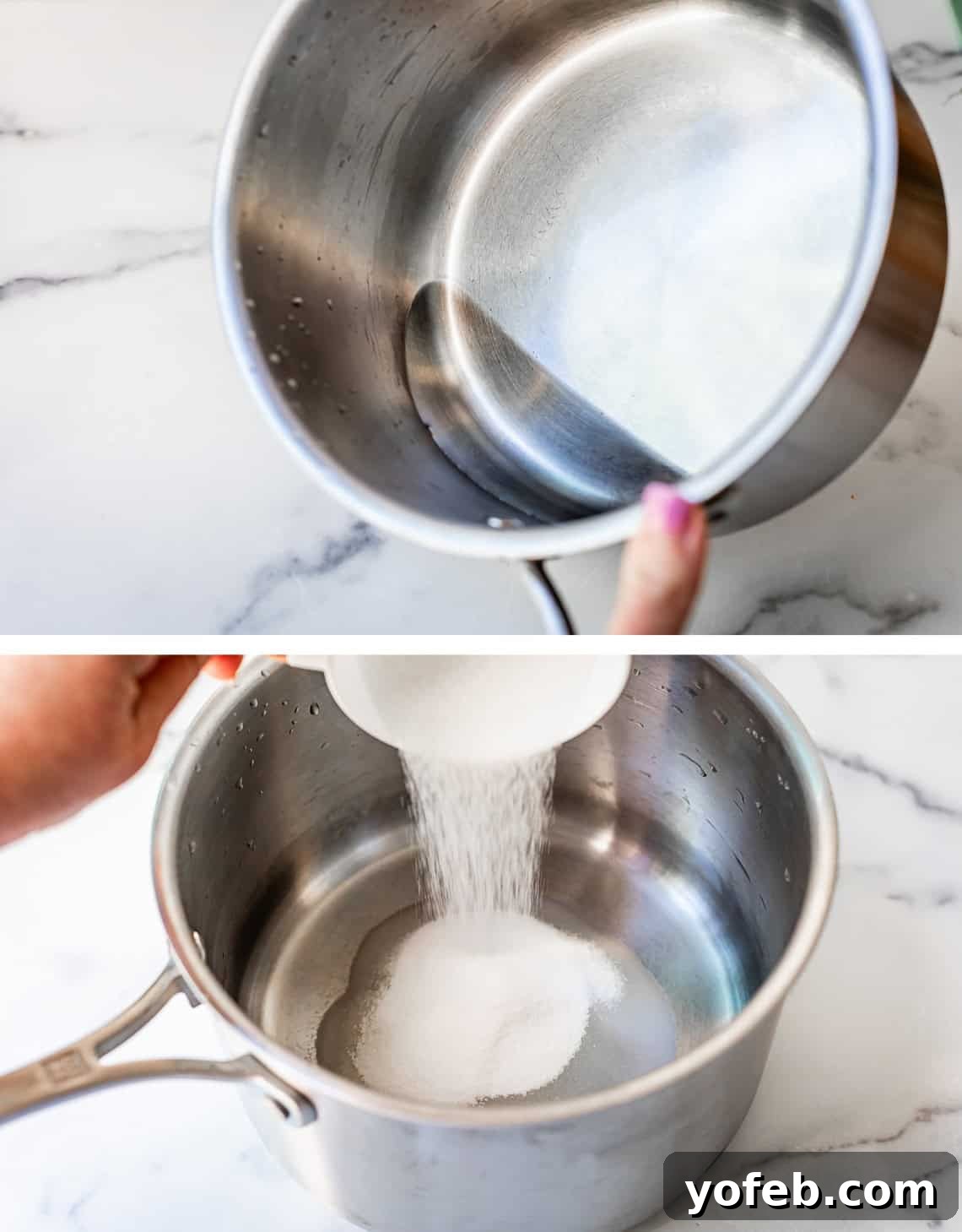 Dreamy Salted Caramel Sauce 13 Top image shows water in a metal pot, while the bottom image shows sugar being carefully poured into the center of the water.