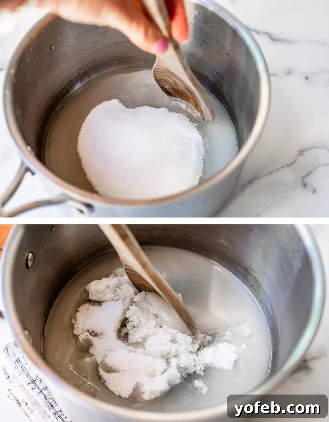 Dreamy Salted Caramel Sauce 14 Top image illustrates using a spoon to keep sugar centered in the pot. The bottom image shows sugar being stirred into the water at the pot's center.