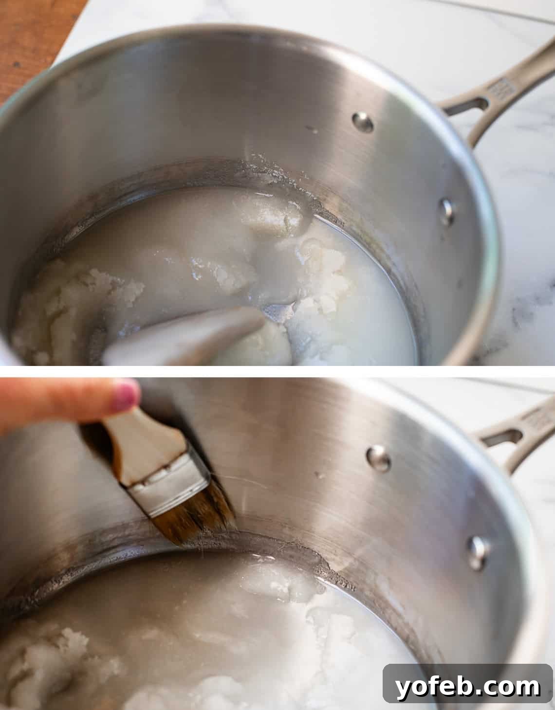 Dreamy Salted Caramel Sauce 15 Top image shows water and sugar mixed in a metal pot. The bottom image demonstrates using a pastry brush to sweep sugar crystals back into the liquid, preventing crystallization.