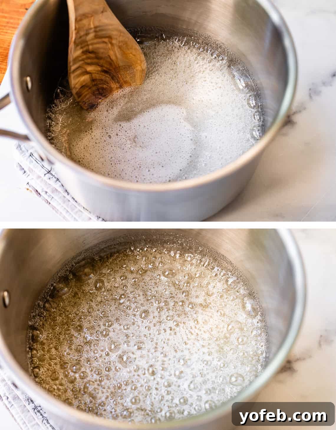 Dreamy Salted Caramel Sauce 16 Top image shows a wooden spoon stirring boiling sugar syrup. The bottom image captures the syrup at a full, vigorous boil, indicating it's ready for the next step.