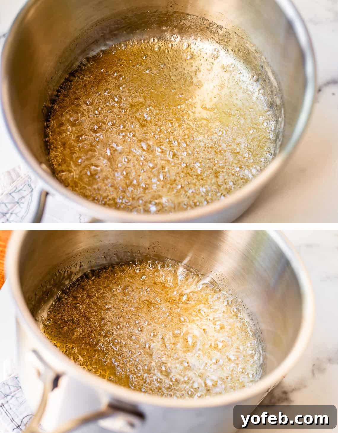 Dreamy Salted Caramel Sauce 17 Two images showcasing caramel beginning to develop a light amber hue as it cooks, indicating the start of the caramelization process.
