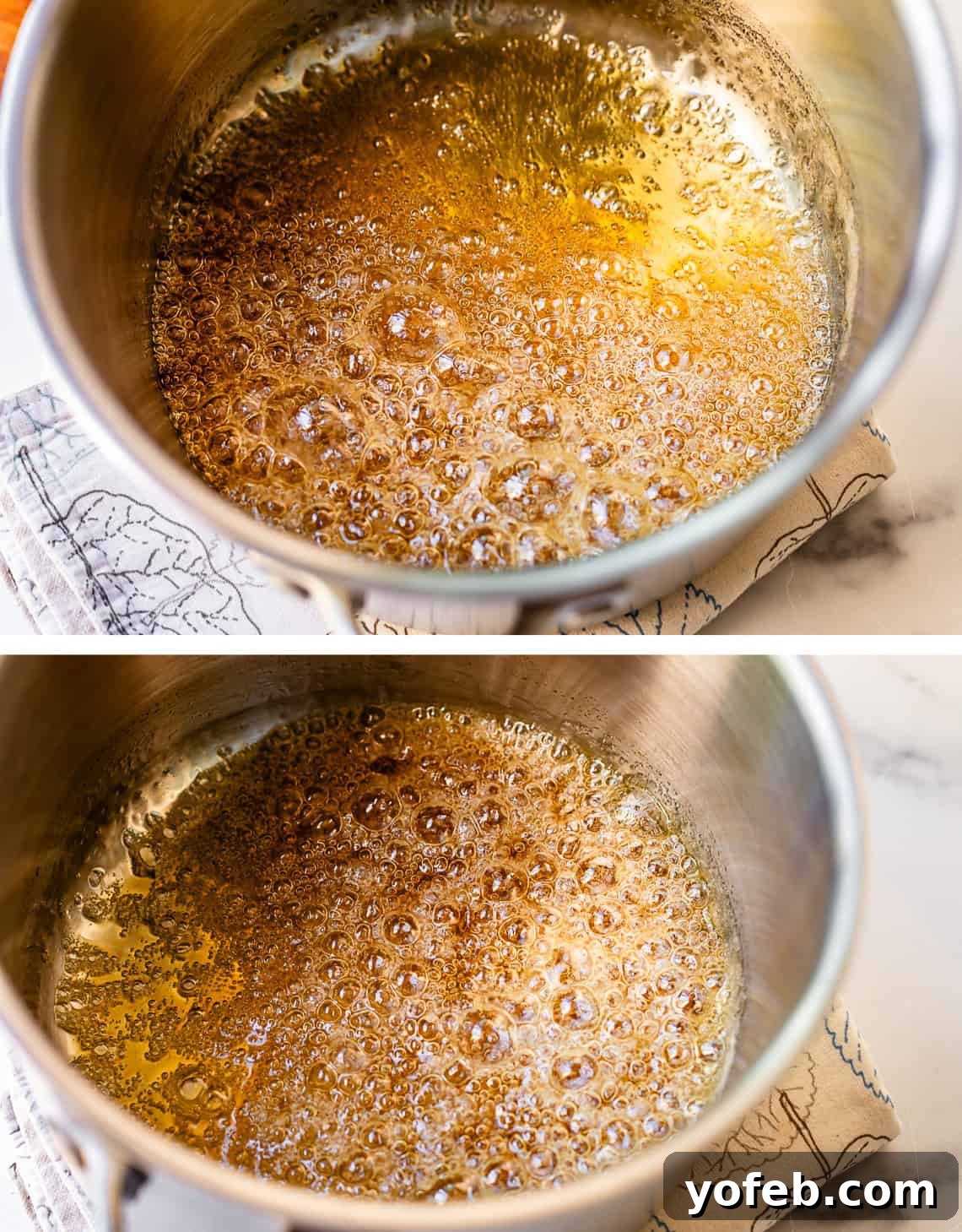 Dreamy Salted Caramel Sauce 18 Two images capture the caramel deepening to a rich amber color as it continues to boil, a crucial stage in caramel making.