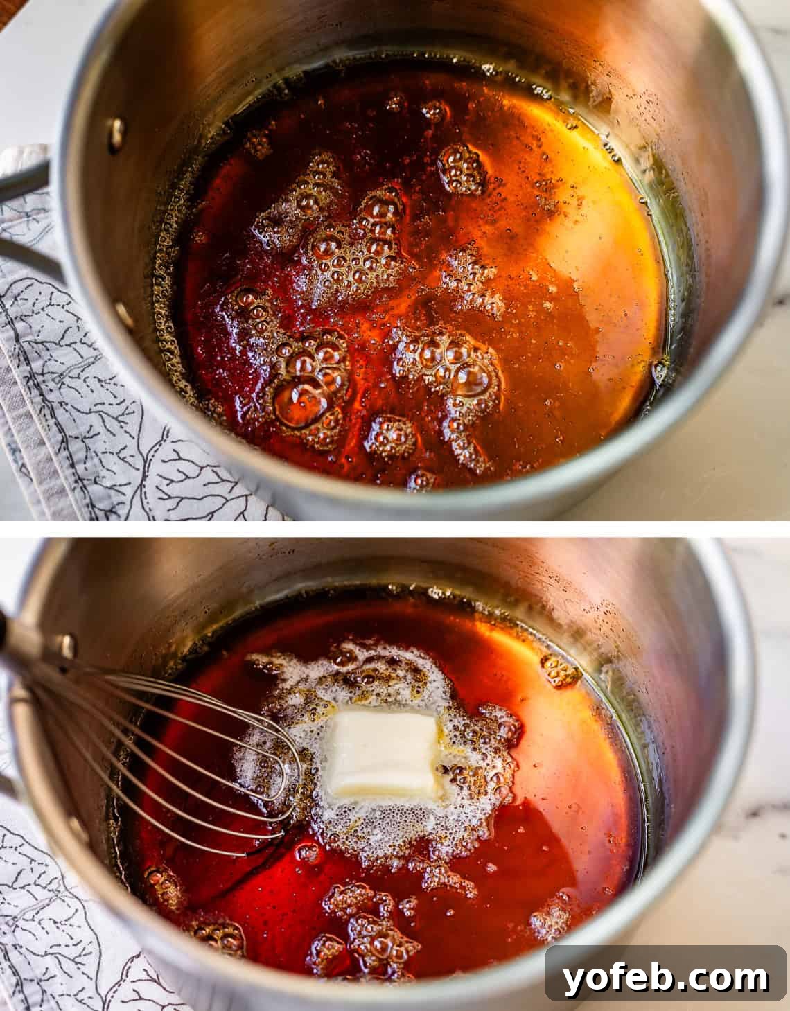 Dreamy Salted Caramel Sauce 19 Top image shows deep amber caramel. Bottom image shows a pat of butter being added to the caramelized sugar, beginning the next phase of sauce creation.