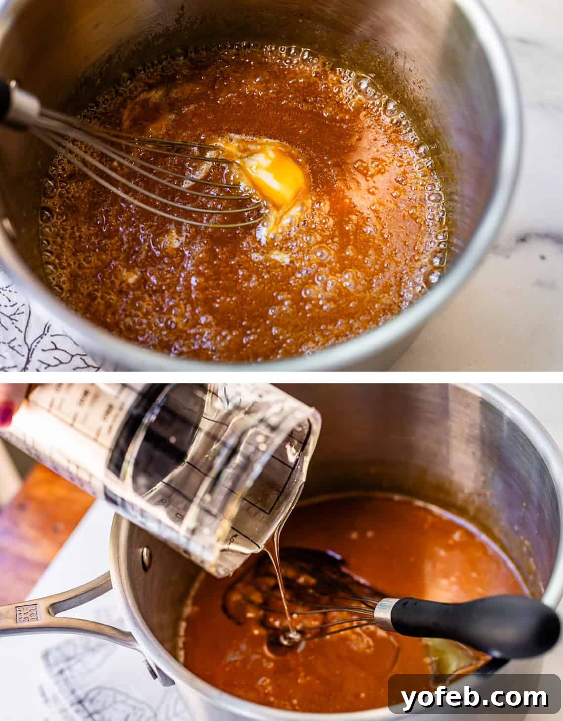 Dreamy Salted Caramel Sauce 20 Top image displays a flat whisk stirring butter into caramel. The bottom image shows corn syrup being added to the mixture, crucial for preventing graininess.
