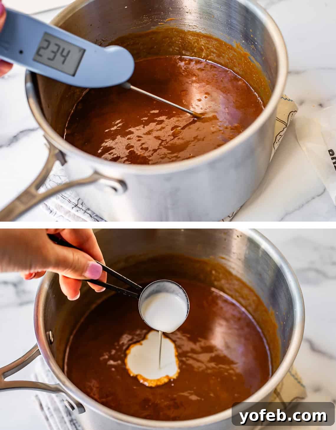 Dreamy Salted Caramel Sauce 21 Top image shows an instant-read thermometer measuring the caramel's temperature. Bottom image depicts heavy cream being added, making the sauce ultra-smooth and stirrable.