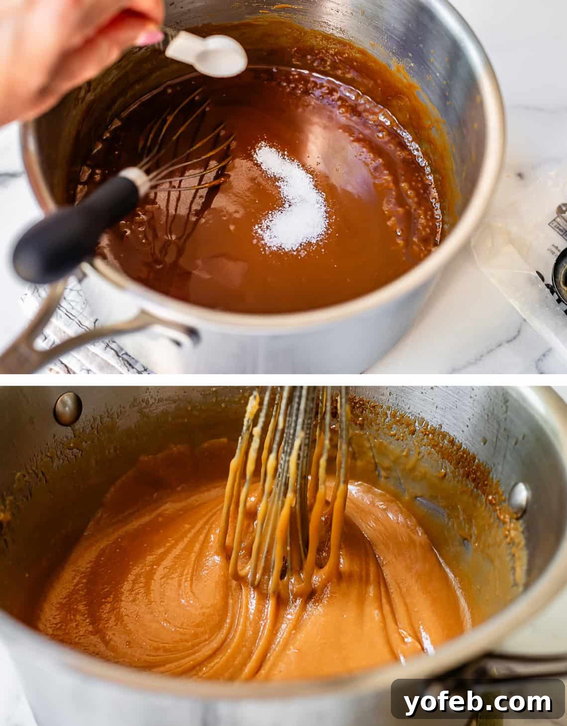 Dreamy Salted Caramel Sauce 22 Top image shows salt being added to the caramel. Bottom image shows the salt being stirred thoroughly into the caramel sauce.