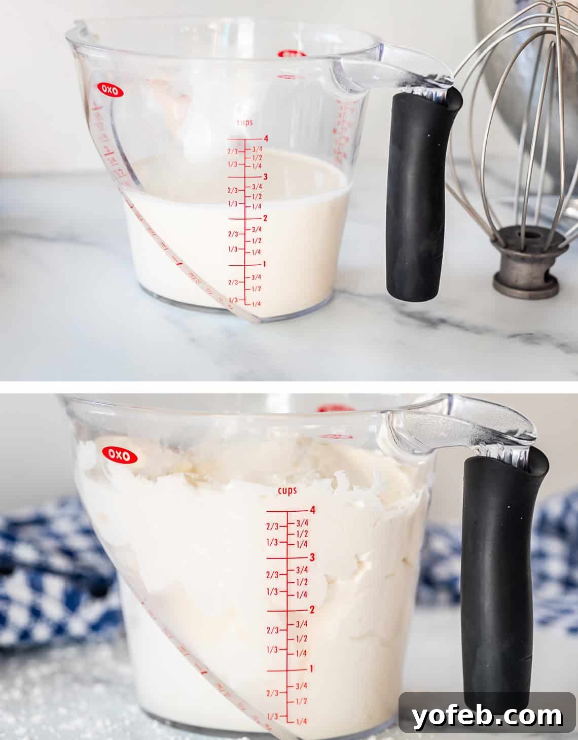 Homemade Whipped Cream Made Easy 13 top: liquid heavy whipping cream measuring about 2 cups, bottom: whipped now measuring 4.