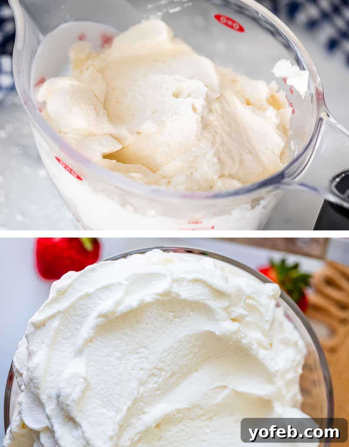 Homemade Whipped Cream Made Easy 15 top: whipped cream in liquid measuring cup, bottom: whipped cream in glass bowl.