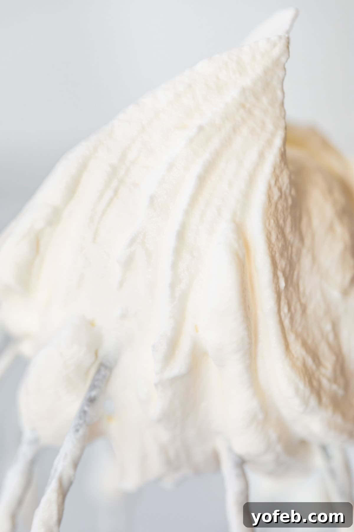 Homemade Whipped Cream Made Easy 19 close up of stiff peak of whipped cream on a kitchen aid whisk attachment.