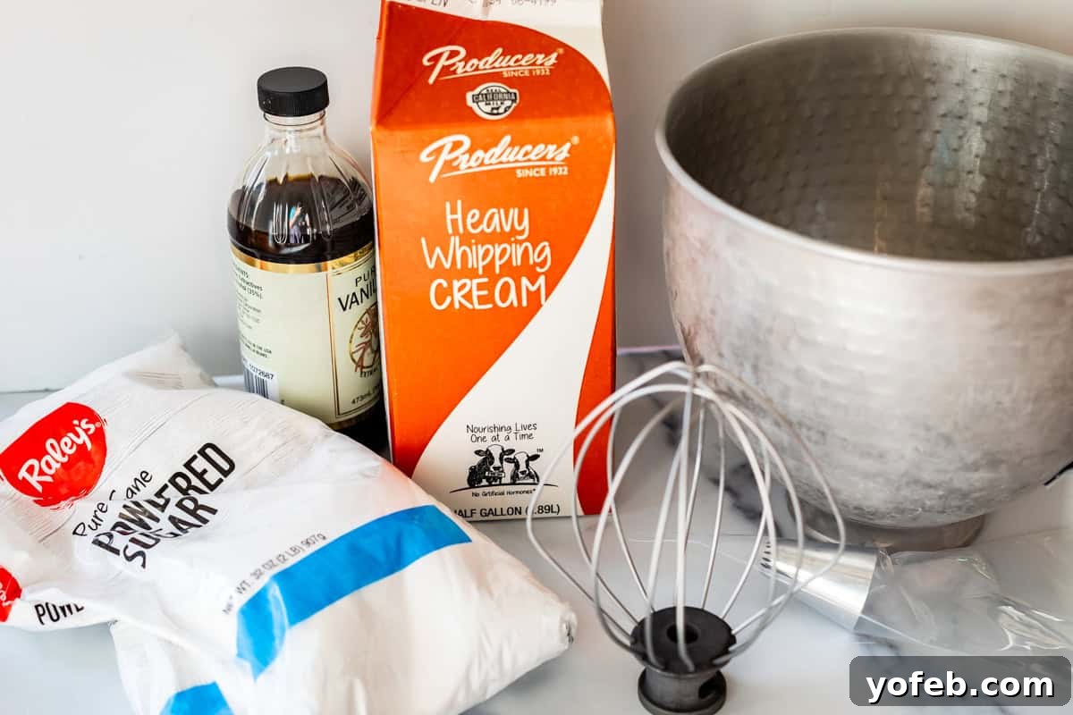 Homemade Whipped Cream Made Easy 6 ingredients for whipped cream like powdered sugar, heavy cream, and vanilla.