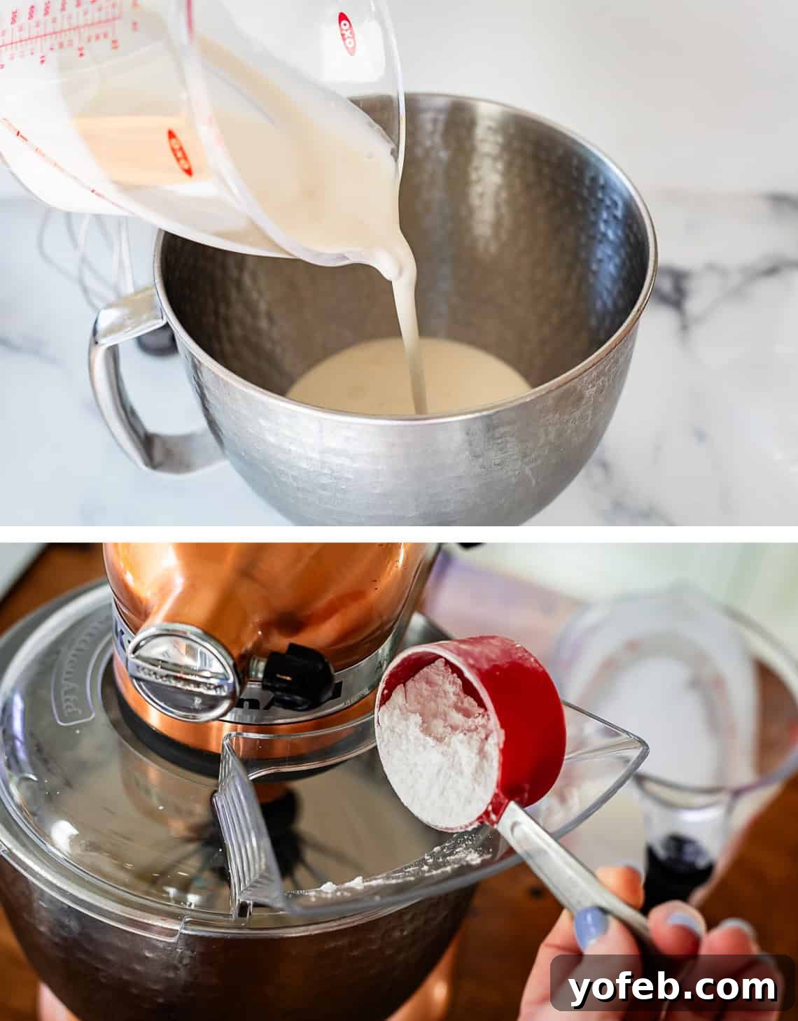 Homemade Whipped Cream Made Easy 8 cream pouring from measuring cup into mixing bowl, bottom: adding powdered sugar.