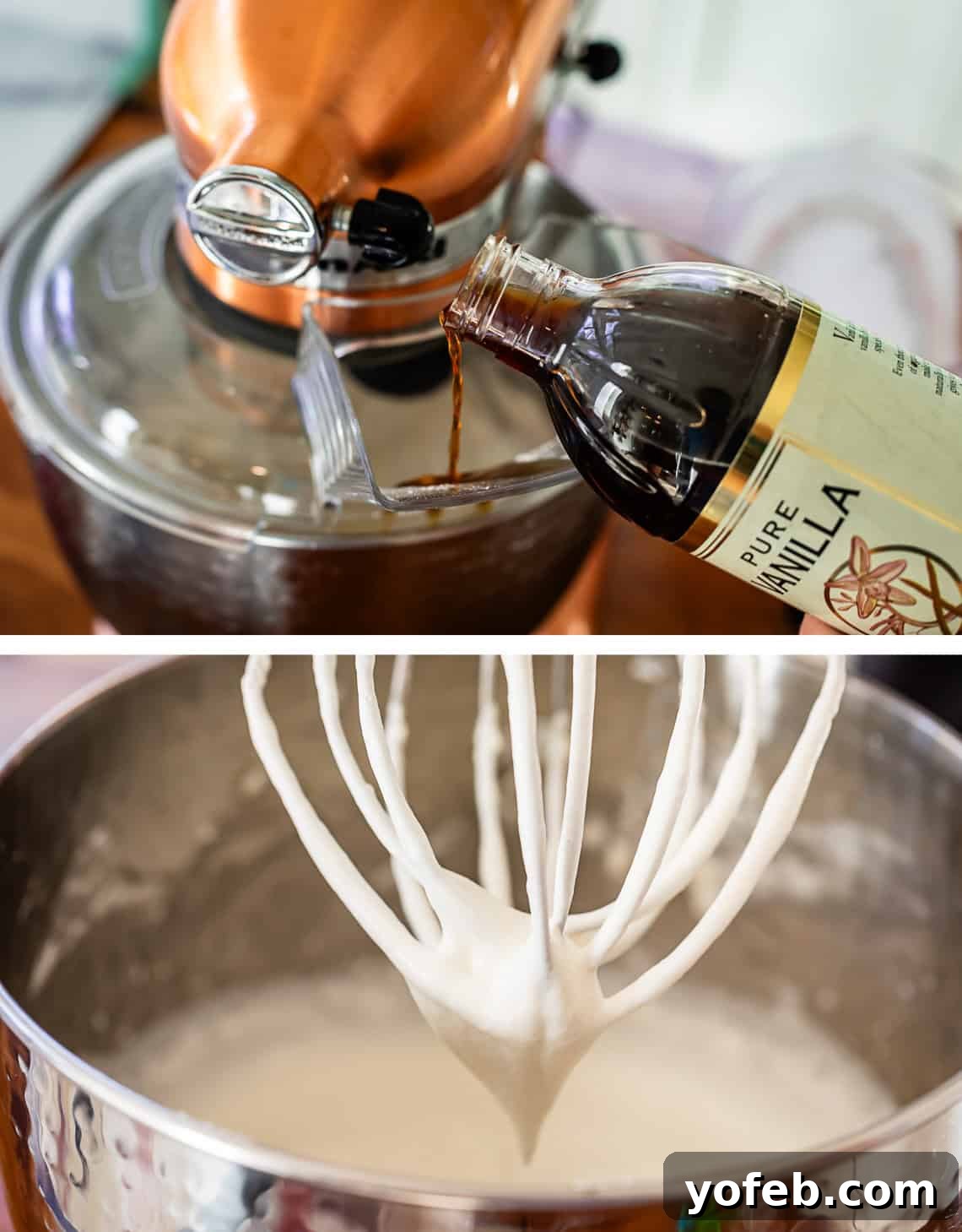 Homemade Whipped Cream Made Easy 9 top: vanilla pouring from a bottle into bowl, bottom: whisk with barely coming together cream.