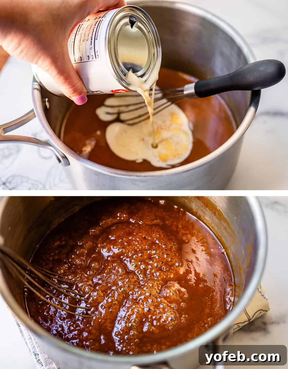 My Ultimate Caramel Apple 19 Top image captures a hand pouring evaporated milk into the caramel mixture. Bottom image shows the milk being stirred in, ensuring a smooth, even consistency.