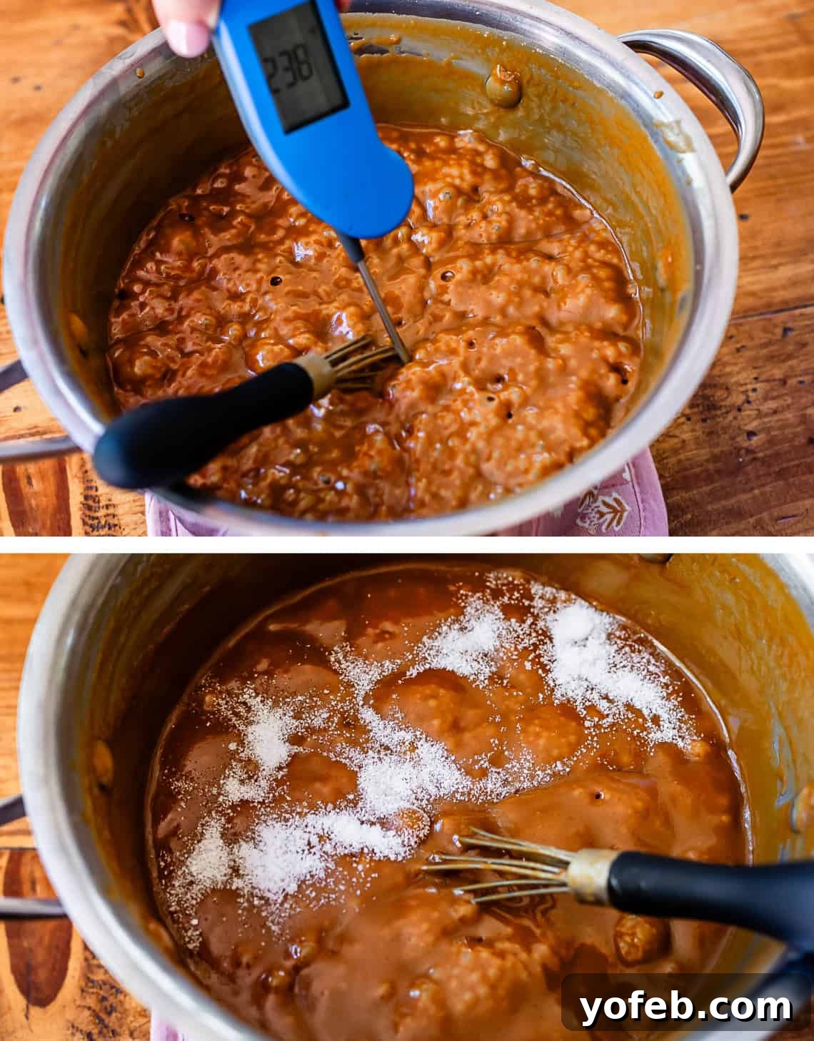 My Ultimate Caramel Apple 20 Top: An instant-read thermometer accurately showing 238 degrees Fahrenheit in the simmering caramel, indicating perfect readiness. Bottom: Kosher salt being sprinkled into the rich caramel, enhancing its flavor profile.