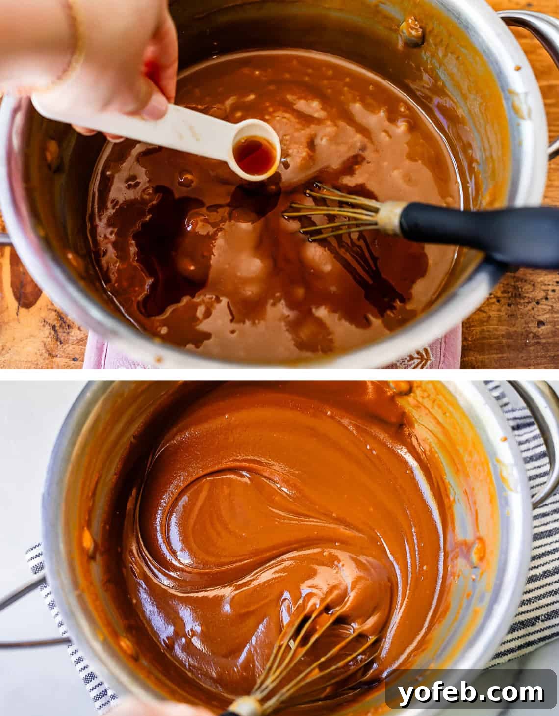 My Ultimate Caramel Apple 21 Top: A hand pouring vanilla extract from a measuring spoon into the caramel. Bottom: The finished caramel, perfectly swirled and ready, resting in the pot.