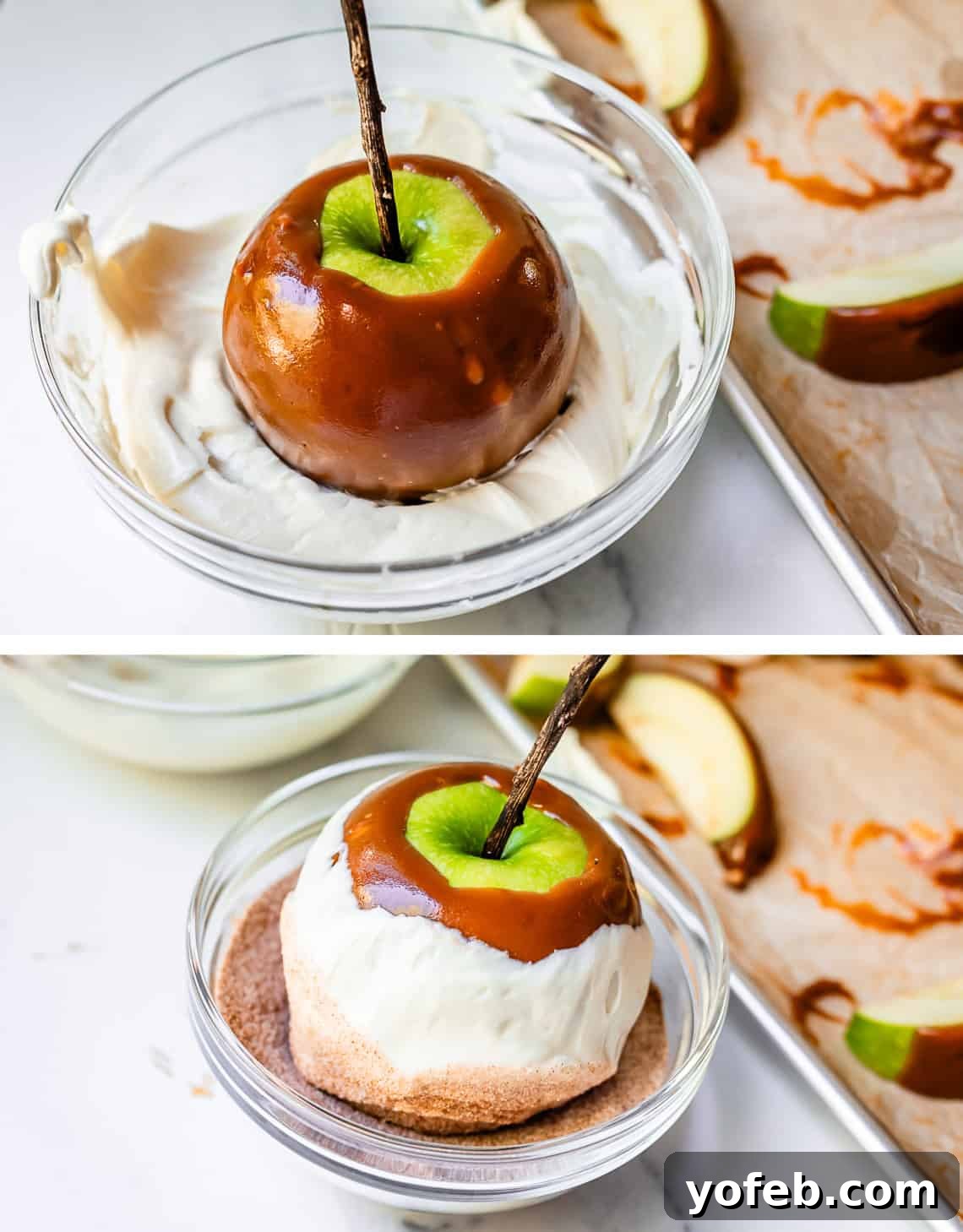 My Ultimate Caramel Apple 30 Top image shows a caramel apple being dipped into melted white chocolate, adding a second layer of flavor. Bottom image shows the chocolate-dipped apple then being rolled into cinnamon sugar, creating a delightful snickerdoodle coating.