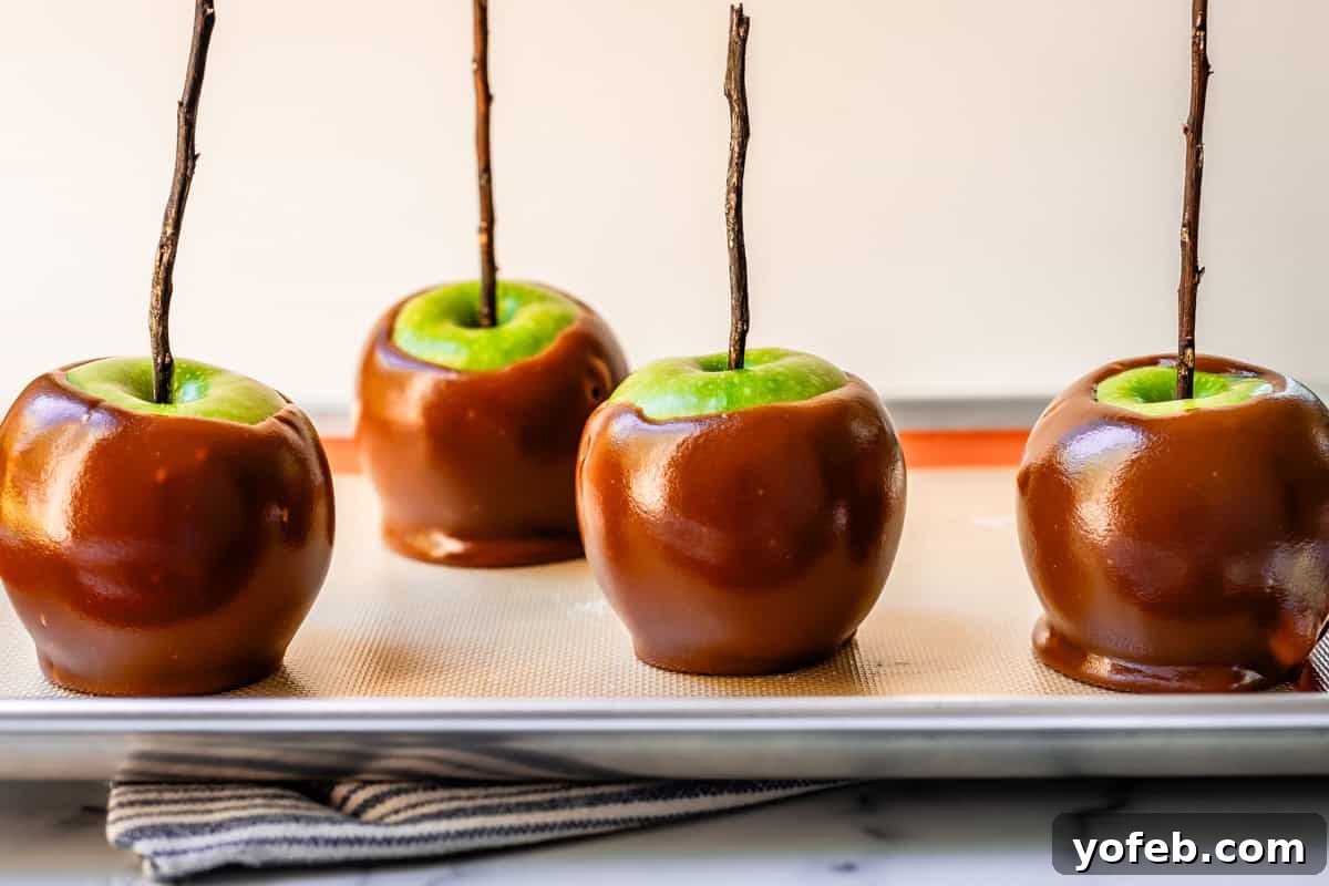My Ultimate Caramel Apple 6 Four perfectly coated green caramel apples, each with a stick, neatly arranged on a reusable silicone baking mat (silpat), cooling down.