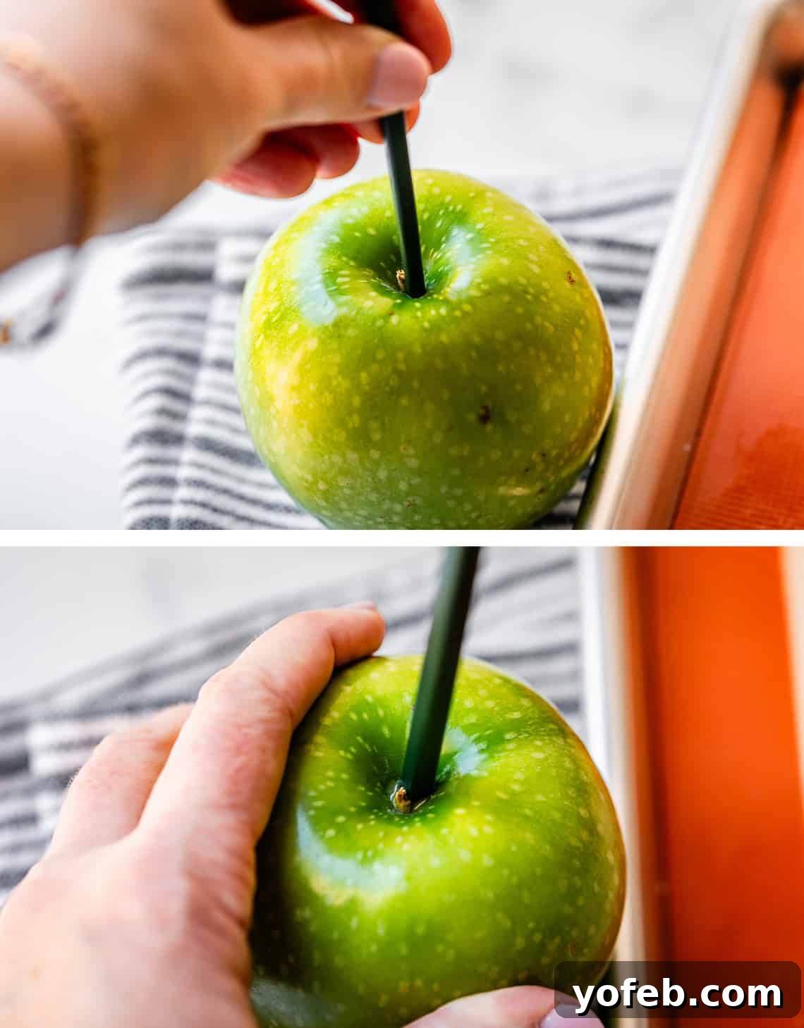 My Ultimate Caramel Apple 10 Top: A hand expertly placing a sturdy stick into a crisp Granny Smith apple. Bottom: The apple, now with its stick firmly in place, ready for the next step of caramel dipping.
