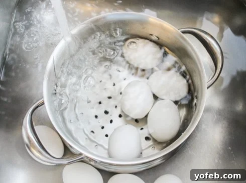 Hard-boiled eggs being plunged into a bowl of ice water