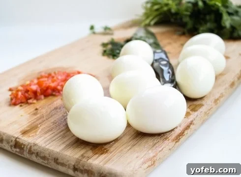 Perfectly peeled hard-boiled eggs, whole and unblemished