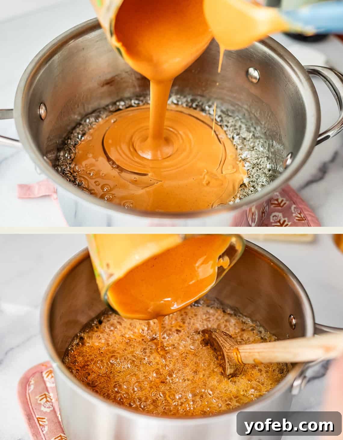 Golden Peanut Snap 11 A creamy orange mixture is poured into a pot of bubbling syrup, then thoroughly stirred with a wooden spoon within the hot pot. This step is integral to making homemade candy or caramel, ensuring even incorporation of ingredients.