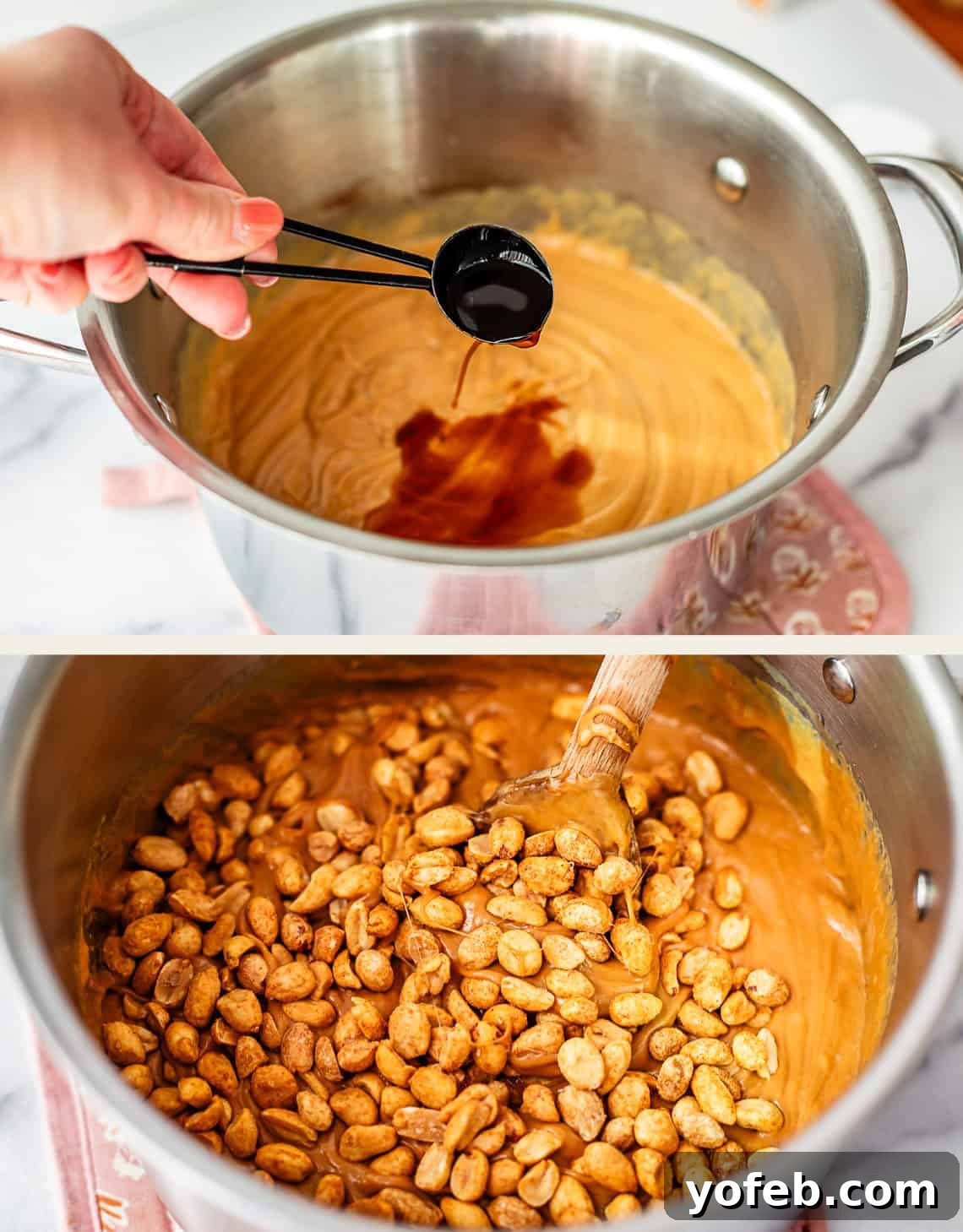 Golden Peanut Snap 12 Two images illustrating candy making. The first shows a hand pouring vanilla extract into a pot of caramel mixture. The second image reveals the same pot, now with roasted peanuts added on top of the candy mixture, being stirred with a wooden spoon to evenly coat them.
