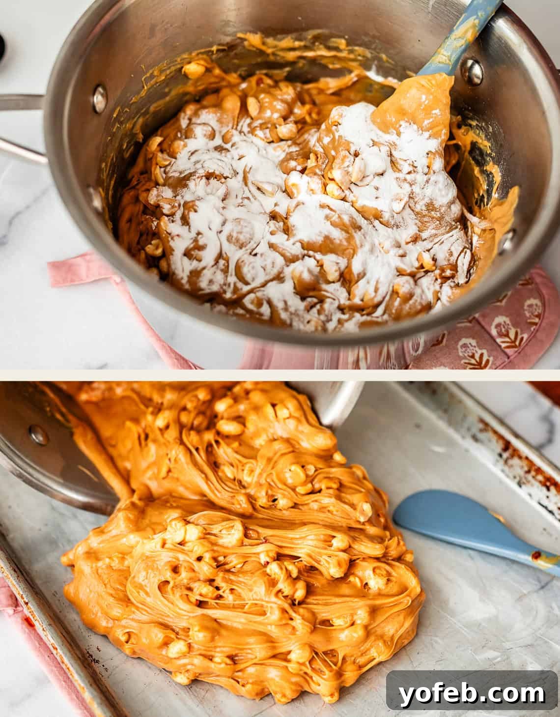Golden Peanut Snap 14 Top image: A pot containing a gooey peanut butter mixture is being stirred vigorously with a spatula after powdered sugar has been added. Bottom image: The thick, peanut-filled mixture is being expertly poured onto a baking sheet, with a blue spatula resting nearby, indicating the next step of spreading and cooling.
