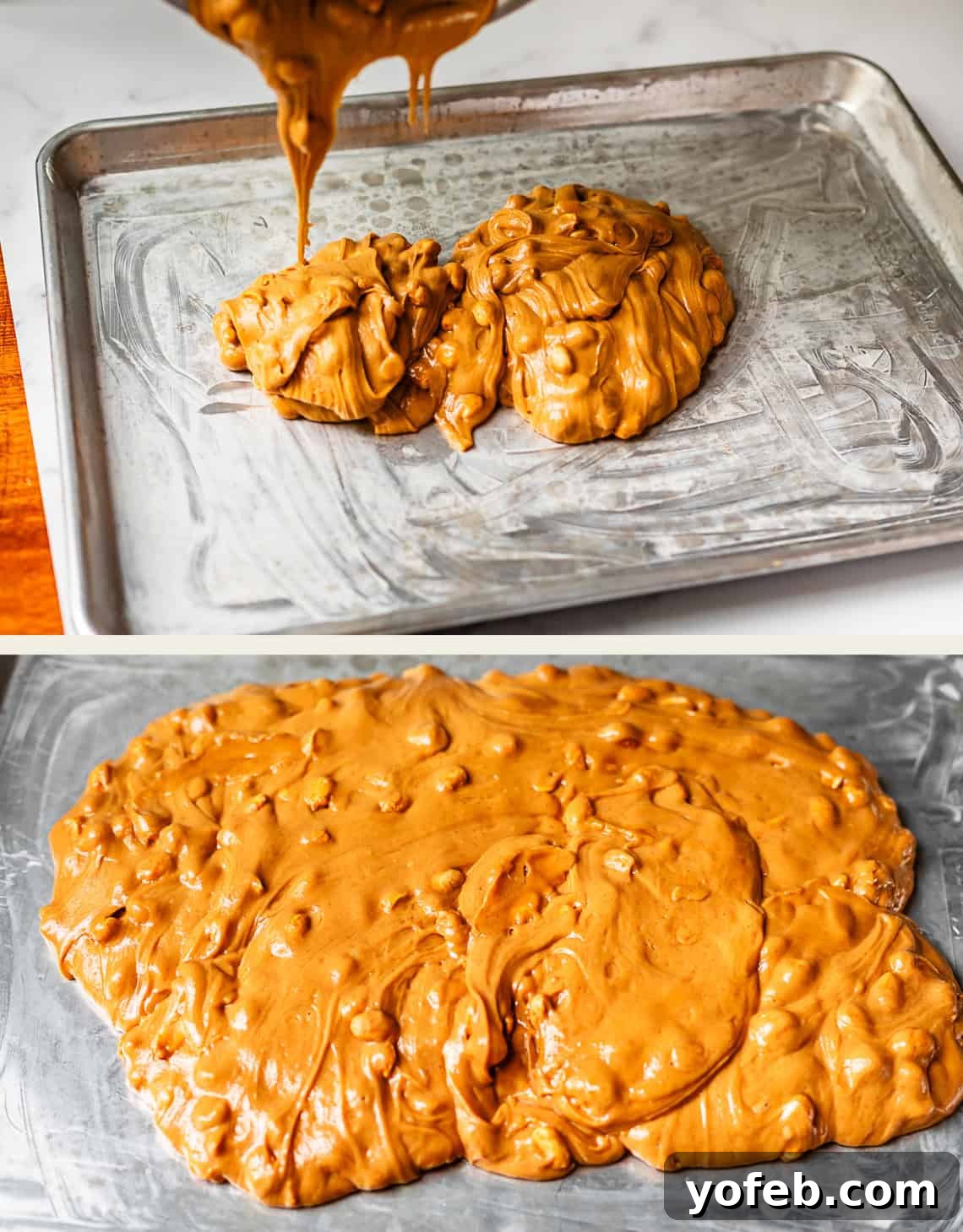 Golden Peanut Snap 15 A generous pour of thick, golden-brown peanut brittle mixture cascading onto a greased baking sheet. The second image shows the mixture being expertly spread with a spatula, extending it evenly across the pan to cool and harden, revealing a shiny surface dotted with visible peanuts.