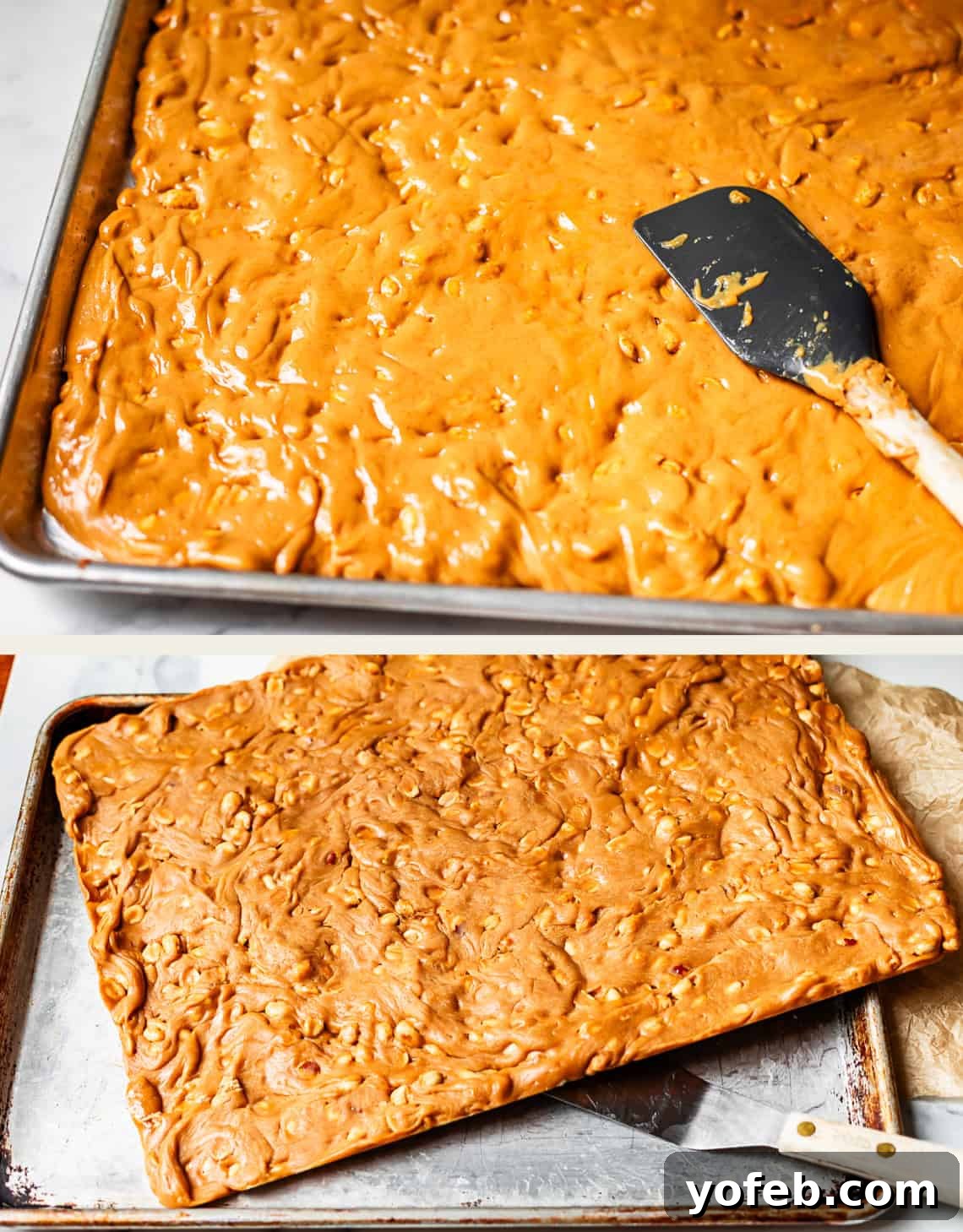 Golden Peanut Snap 16 Two images depicting homemade peanut brittle. The first shows a baking sheet full of freshly spread brittle with a spatula resting on it, indicating it's still warm. The second image displays the same brittle, now fully cooled and set, ready to be broken into delectable pieces.
