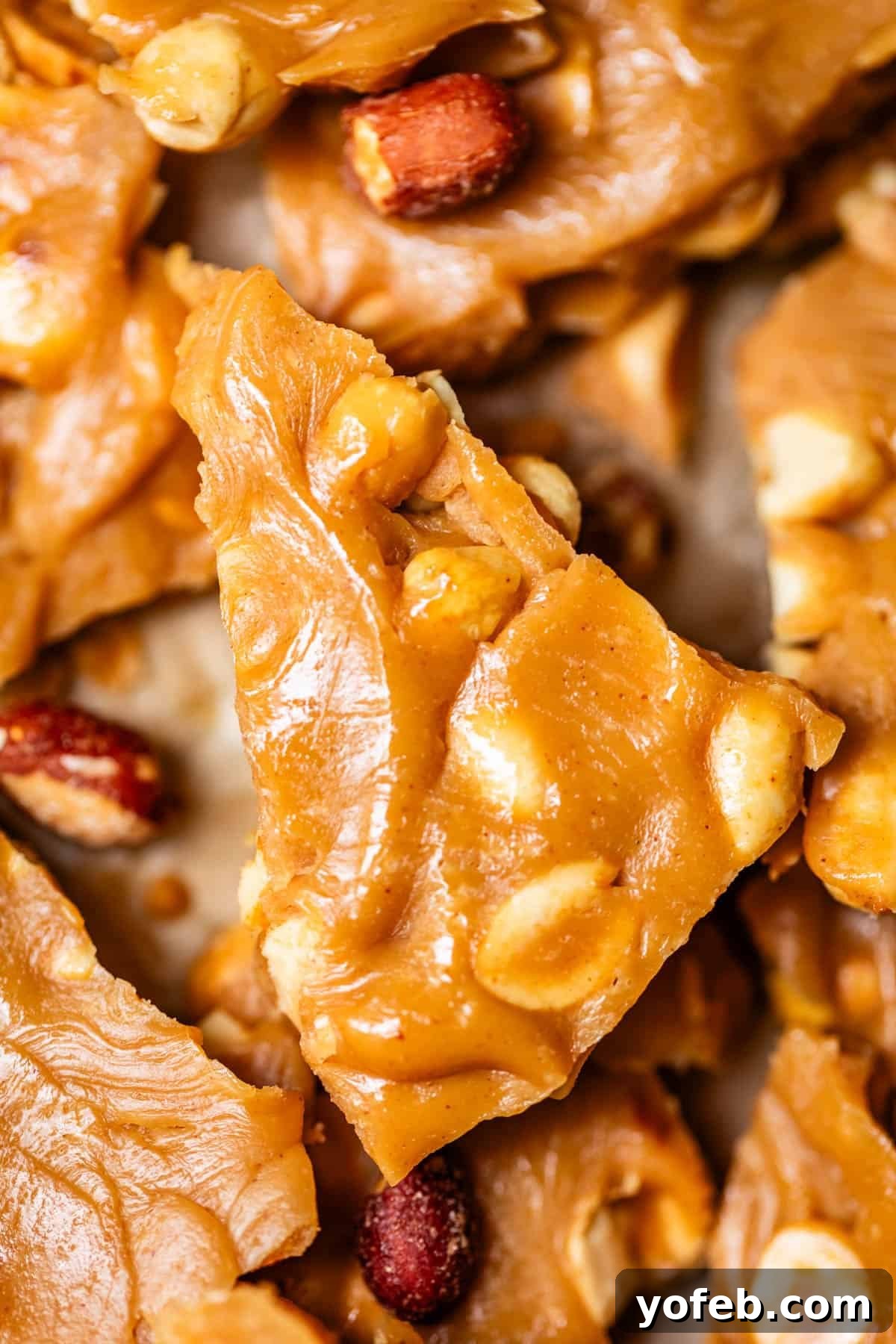 Golden Peanut Snap 4 Close-up of golden peanut brittle pieces, revealing a glossy, caramelized surface interwoven with perfectly embedded roasted peanuts. Its crunchy, slightly uneven texture highlights the delightful interplay of nuts and sugary candy.