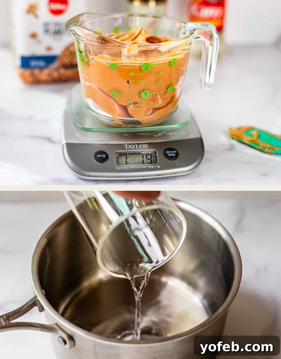 Golden Peanut Snap 7 Top image: A glass measuring cup filled with creamy peanut butter rests on a digital kitchen scale, indicating its precise weight. Bottom image: Water is being carefully poured from a clear measuring cup into a gleaming stainless steel pot on a clean white countertop, signaling the start of the candy-making process.