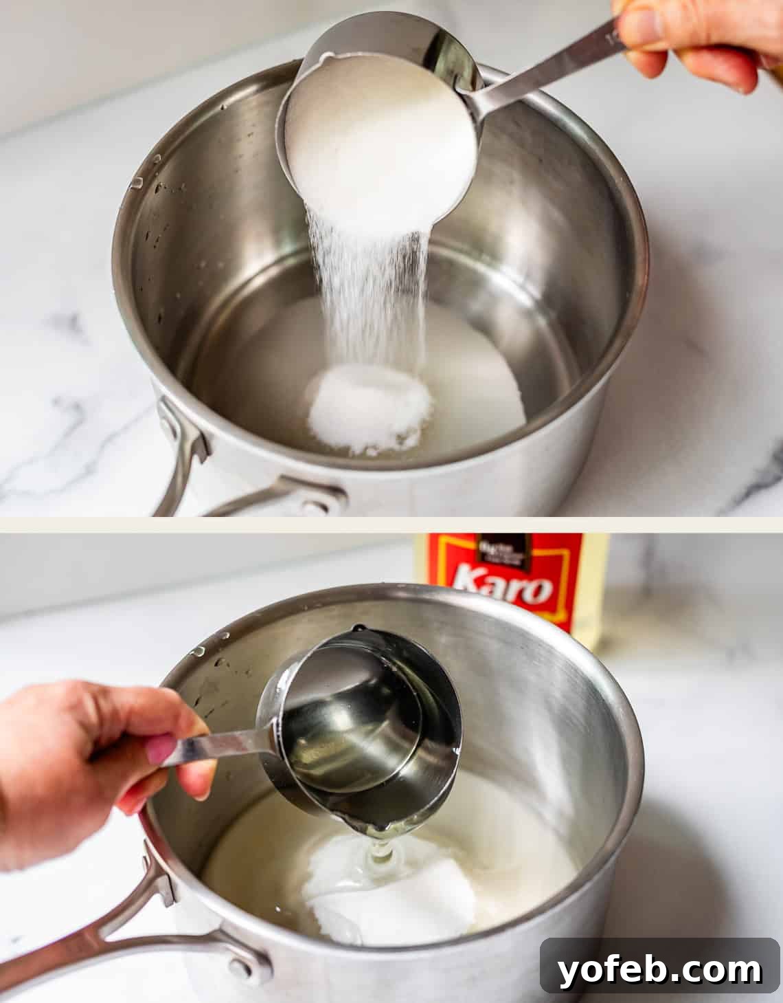 Golden Peanut Snap 8 Two sequential images depicting the preparation of candy. The top image shows sugar being poured into a saucepan already containing water, indicating the initial steps of mixing ingredients. The bottom image displays corn syrup being added to the same saucepan, with a distinctive Karo syrup bottle visible in the background, suggesting the inclusion of key liquid sweeteners.
