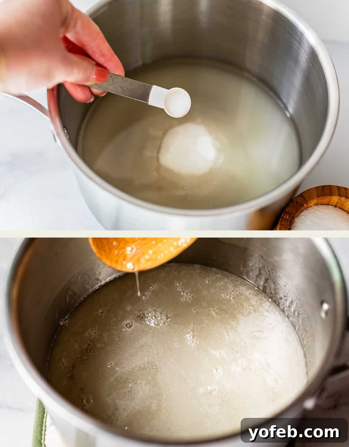 Golden Peanut Snap 9 Two images showcasing stages of candy preparation. The first image displays a hand adding a spoonful of salt to a pot containing water and sugar. The second image shows the pot after the sugar and salt have dissolved, forming a clear, transparent liquid, indicating the mixture is ready for the next cooking stage.