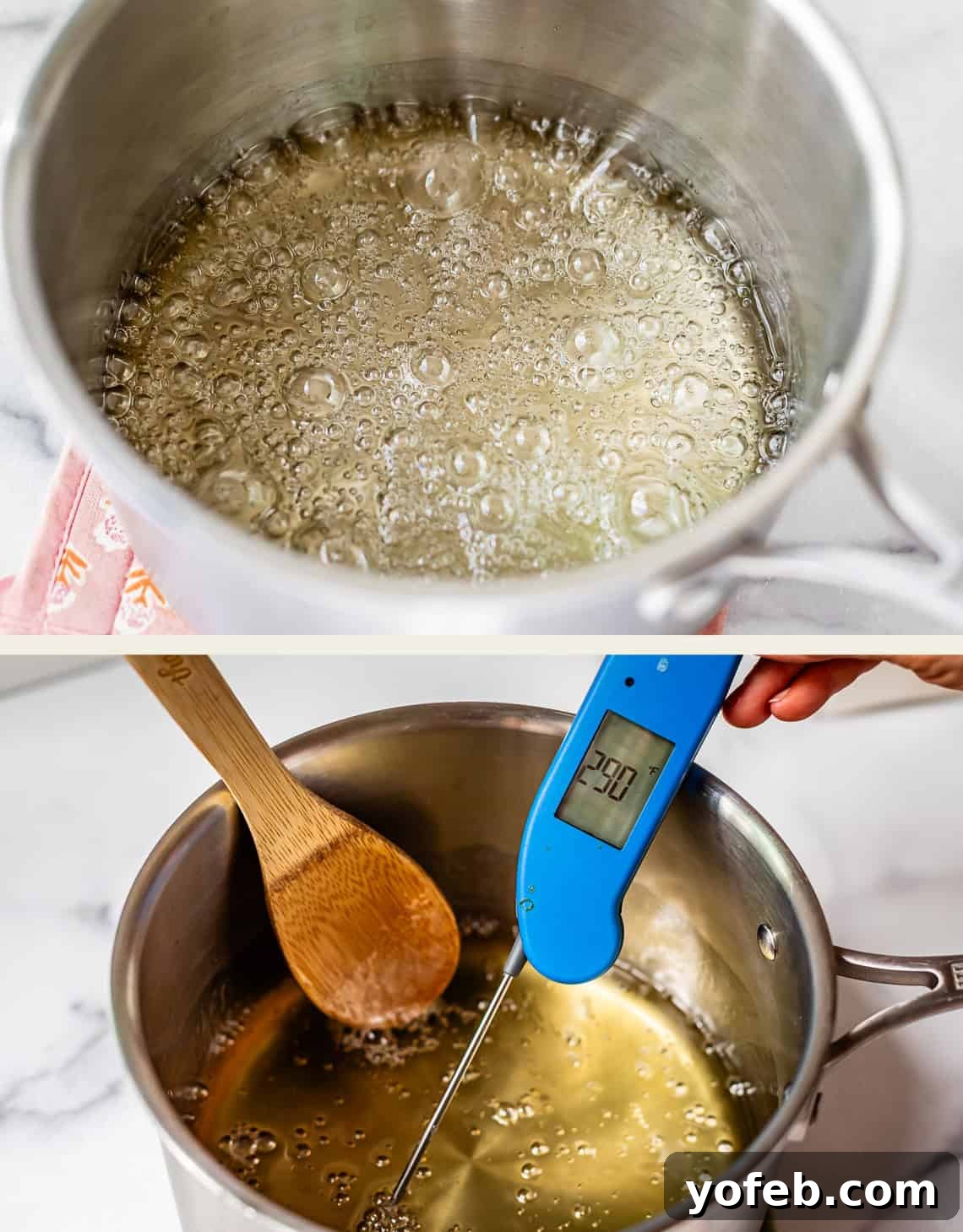 Golden Peanut Snap 10 Top image: A pot of sugar syrup vigorously bubbling, indicating it's reached a full boil. Bottom image: A hand uses a wooden spoon to stir the syrup while a blue digital thermometer accurately displays 290°F, crucial for achieving the hard crack stage in candy making.
