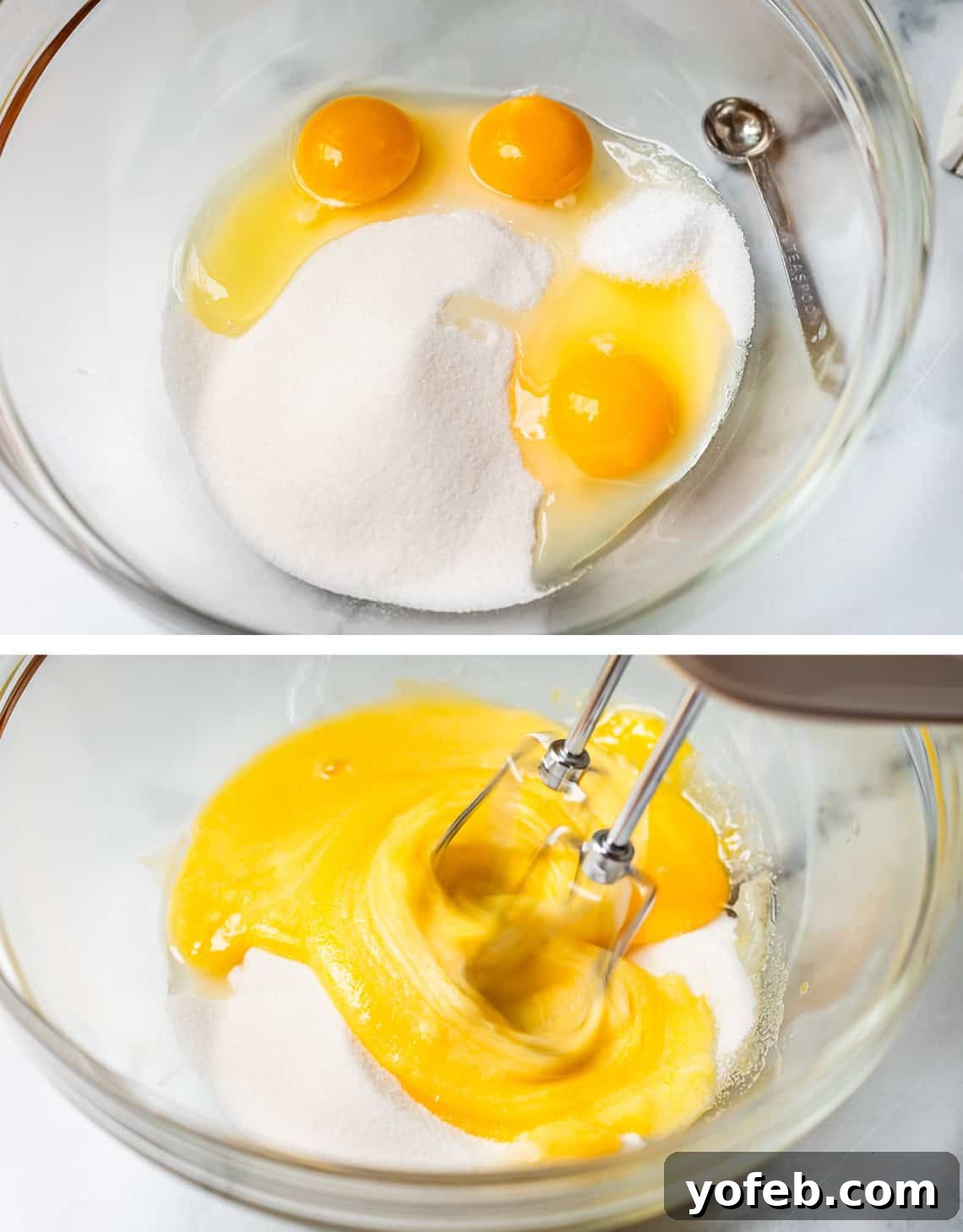 Irresistible White Chocolate Brownies 12 Top image shows egg yolks and sugar in a clear glass bowl; bottom image shows a hand mixer blending them into a light, airy mixture.