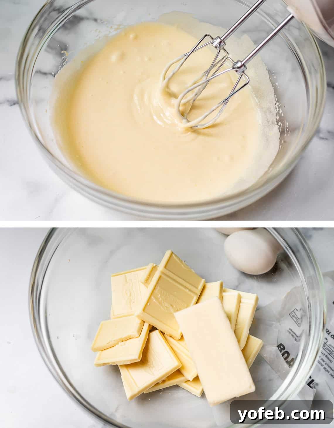 Irresistible White Chocolate Brownies 13 Top image displays the creamy, aerated mixture of creamed egg yolk and sugar; bottom image shows solid butter and white chocolate awaiting melting.