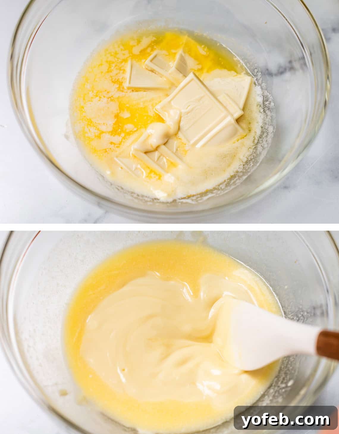 Irresistible White Chocolate Brownies 14 Top image shows butter and white chocolate halfway melted in a glass bowl; bottom image shows a spatula stirring the mixture until perfectly smooth and fully melted.