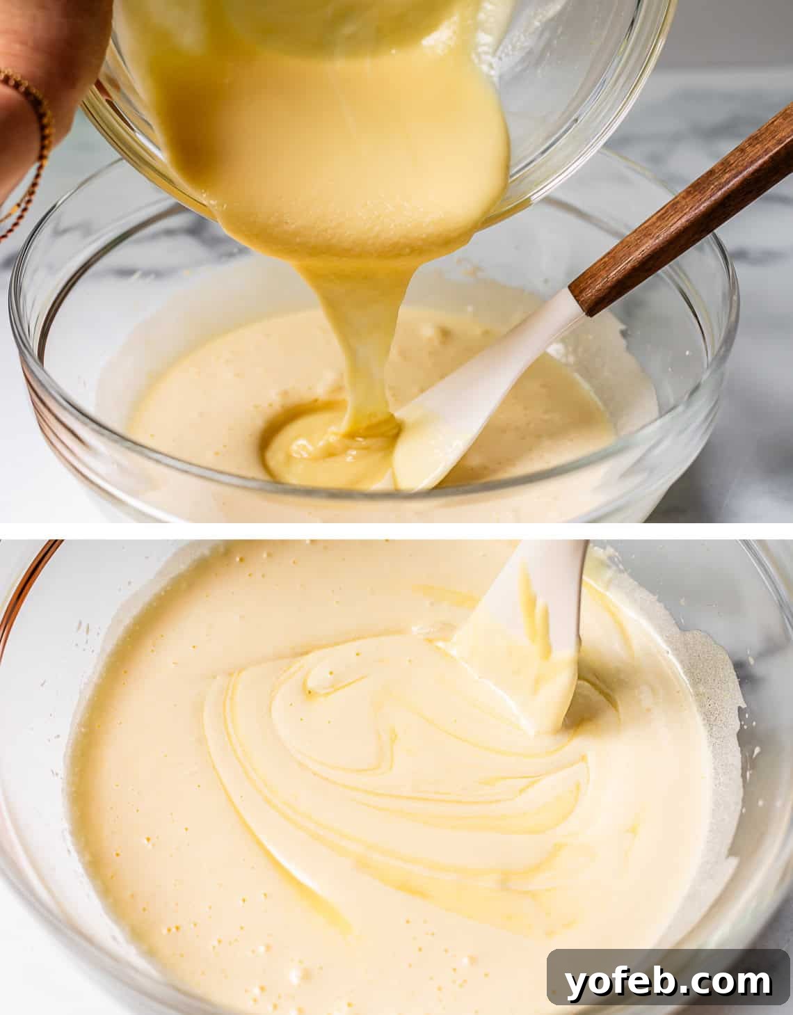 Irresistible White Chocolate Brownies 15 Top image captures melted butter and white chocolate being poured into a bowl with whipped eggs and sugar; bottom image shows the batter perfectly stirred and combined.