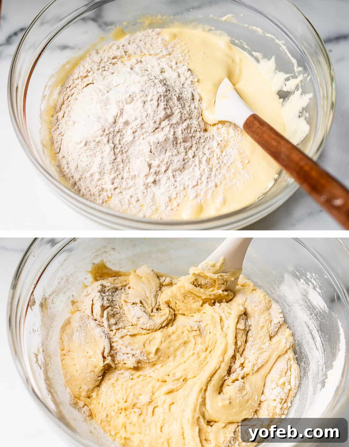 Irresistible White Chocolate Brownies 16 Top image shows flour gently dumped on top of the batter in a glass bowl; bottom image shows a spatula carefully stirring the flour in until just combined.