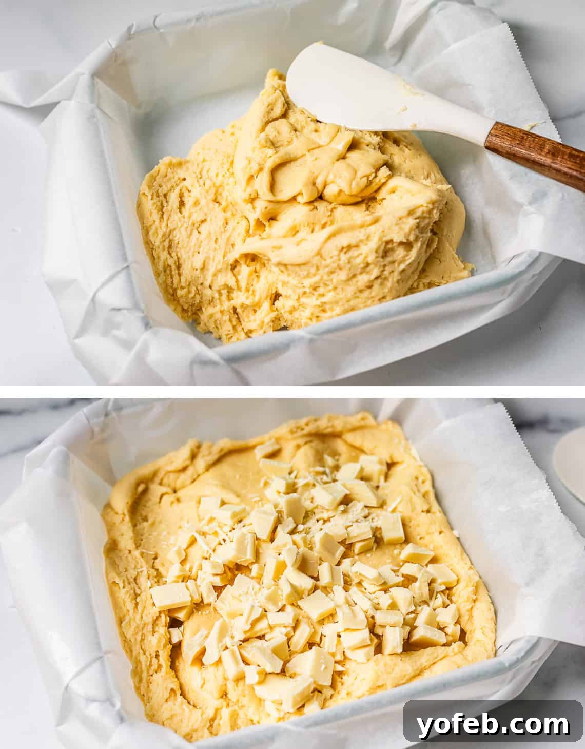 Irresistible White Chocolate Brownies 17 Top image shows the brownie batter perfectly spread in a parchment-lined dish; bottom image features chopped white chocolate sprinkled generously on top, adding texture and flavor.