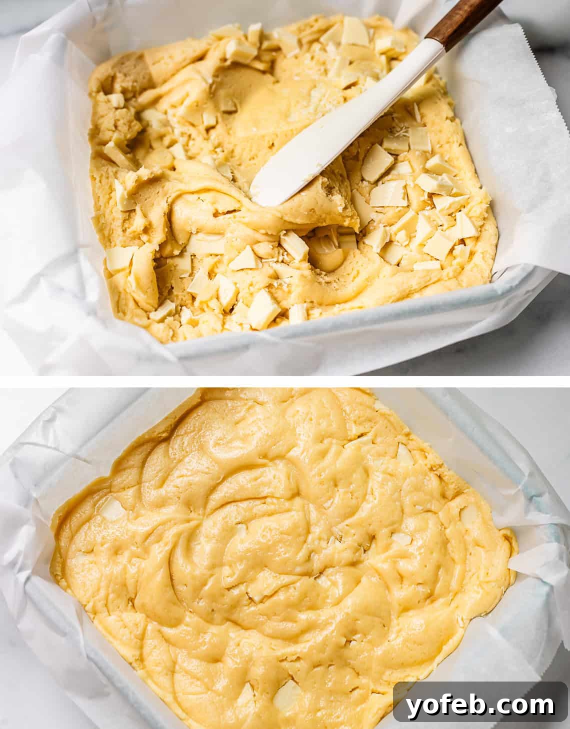 Irresistible White Chocolate Brownies 18 Top image shows a spatula gently folding chopped white chocolate into the batter; bottom image shows the smoothed batter, ready to be baked into delicious brownies.