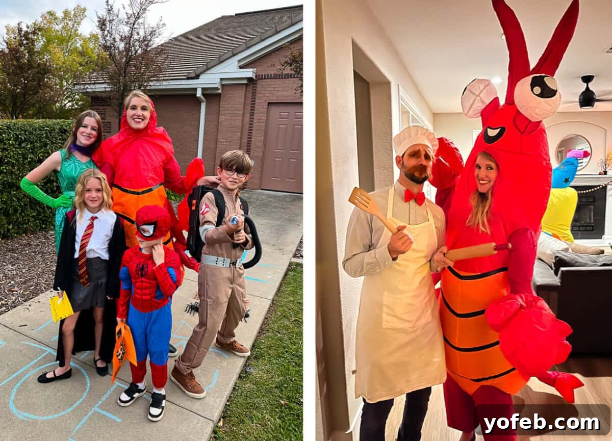 Irresistible White Chocolate Brownies 4 A family in creative Halloween costumes, with a man dressed as The Swedish Chef and a woman as his Popcorn Shrimp, showcasing a joyful family moment.