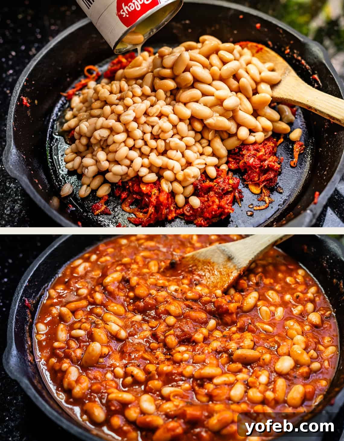 Rustic Tomato, White Bean & Cheese Bake 11 Top image shows the canned beans being carefully dumped into the seasoned skillet, and the bottom image captures the mixture being stirred together, creating a harmonious blend.