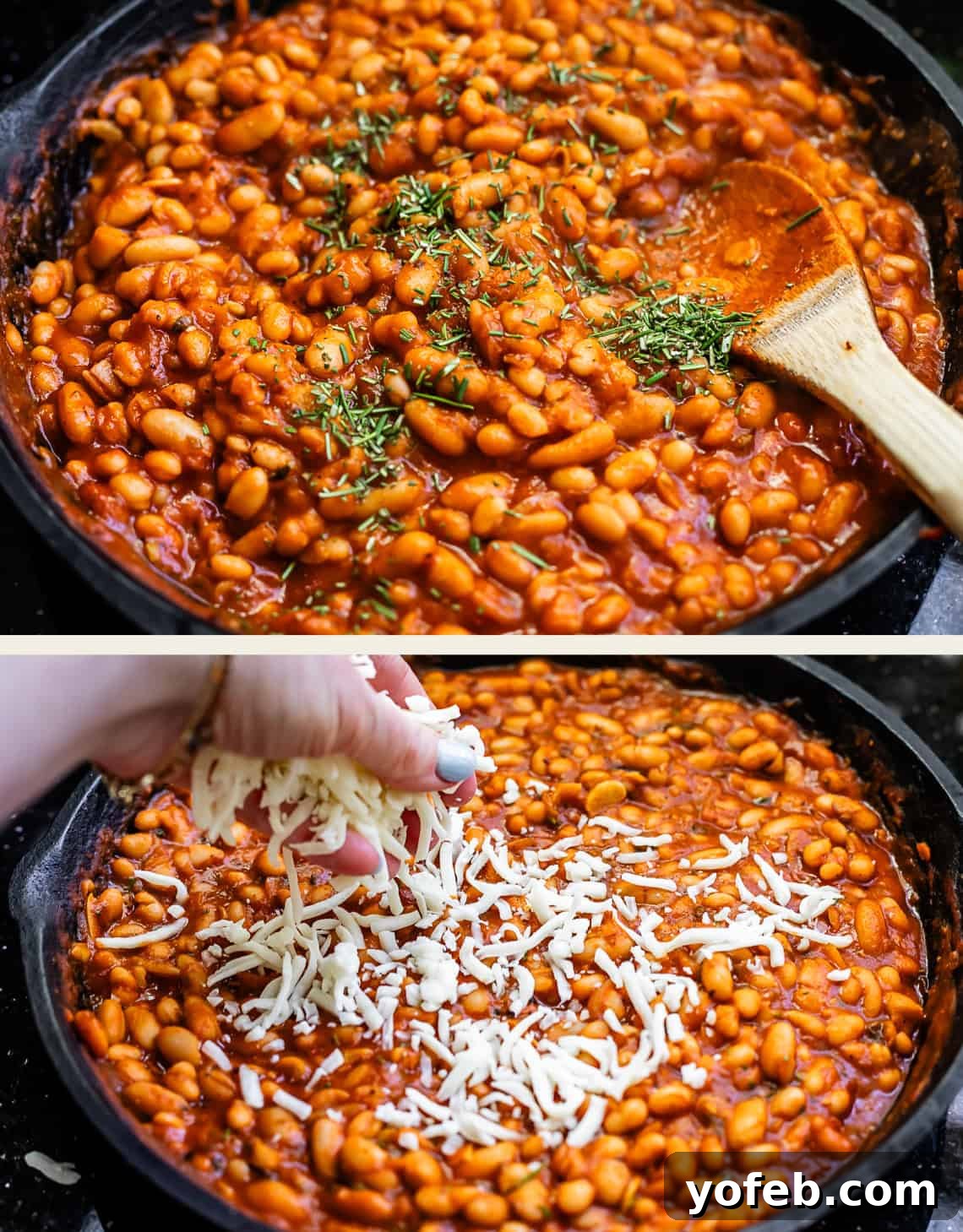 Rustic Tomato, White Bean & Cheese Bake 12 Top image shows fresh rosemary delicately sprinkled over the simmering beans in the skillet, while the bottom image depicts shredded mozzarella being generously added as the next layer.