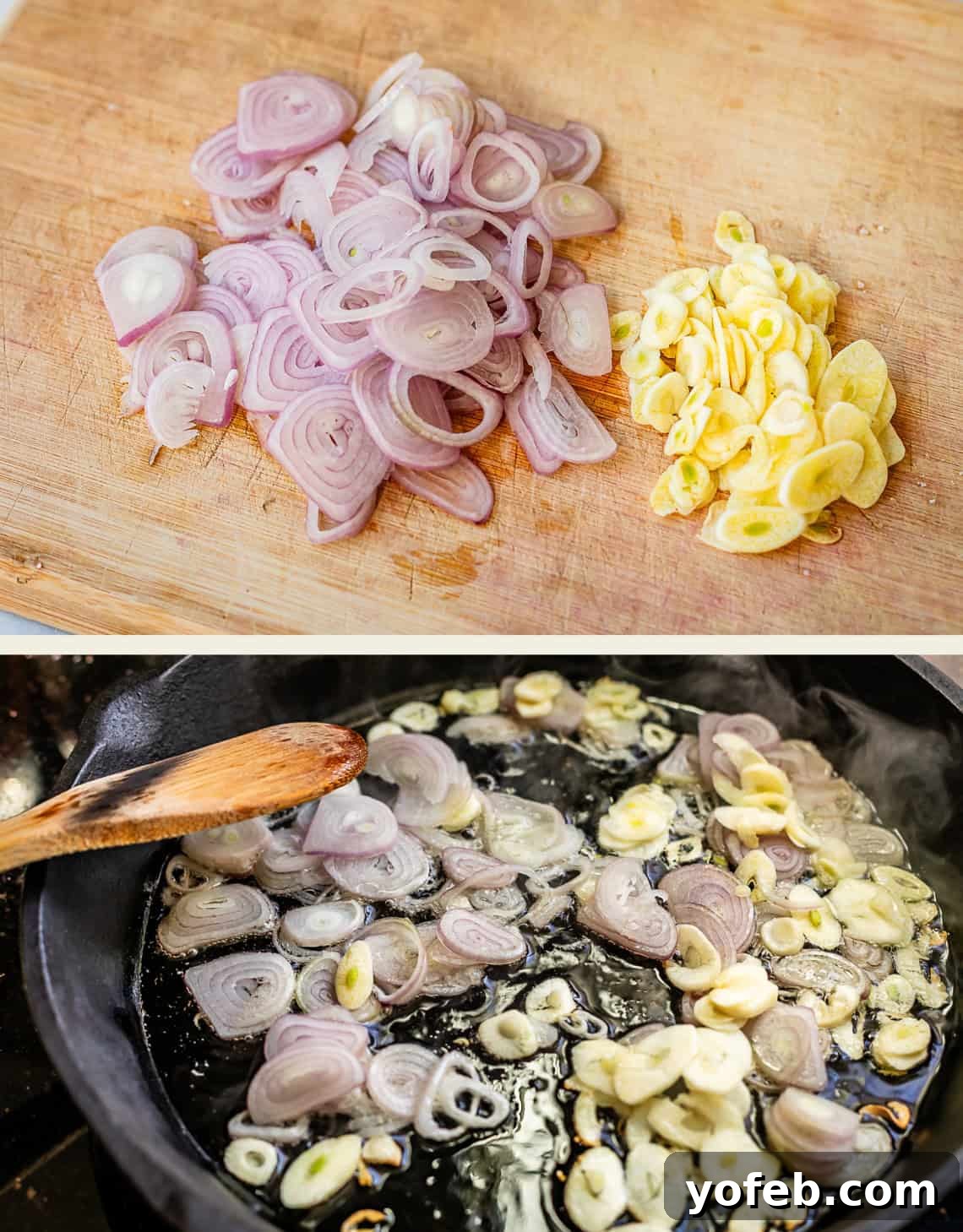 Rustic Tomato, White Bean & Cheese Bake 8 Top image shows neatly chopped shallots and garlic ready for cooking, while the bottom image captures them gently sautéing in a cast iron skillet.