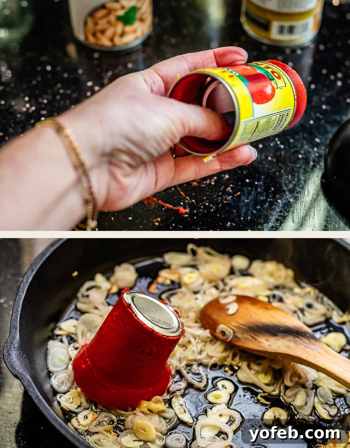 Rustic Tomato, White Bean & Cheese Bake 9 Top image illustrates the clever technique of pushing tomato paste out of the can using its lid, while the bottom image shows the rich tomato paste already in the skillet.
