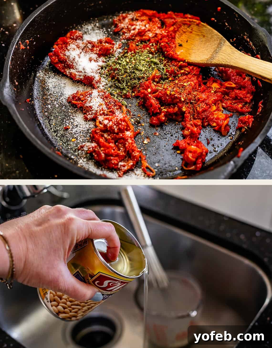Rustic Tomato, White Bean & Cheese Bake 10 Top image shows a vibrant sprinkle of spices over the rich tomato paste in the skillet, while the bottom image captures a hand partially draining liquid from a can of white beans.