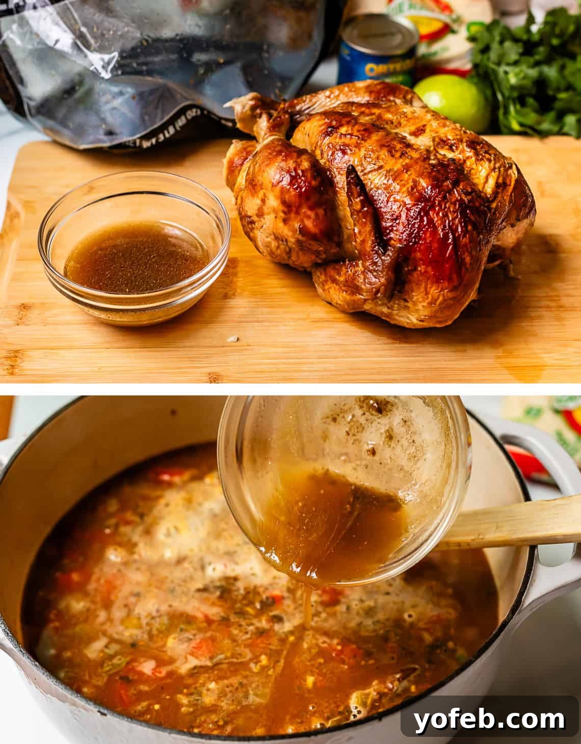 No-Fuss Chicken Tortilla Soup 14 top: rotisserie chicken with bowl of drippings, bottom: pouring drippings into pot.